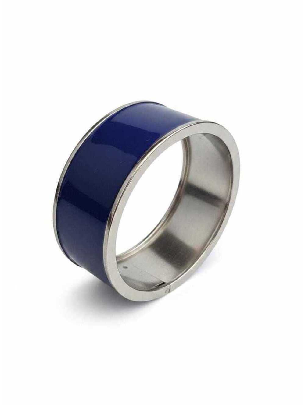 Vintage Blue Enamel Hinged Cuff Bracelet,Silver Tone Geometric Statement Jewelry